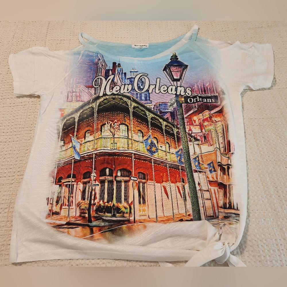 Women's New Orleans Graphic Tee Tie-Hem Cold Shoulder Spaghetti Strap 3X New